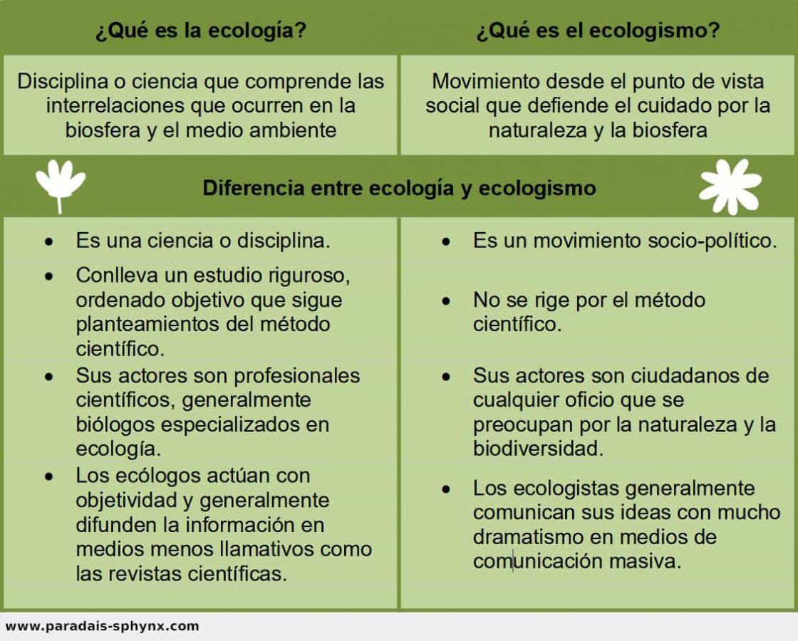 Cuadro comparativo con la diferencia entre ecología y ecologismo